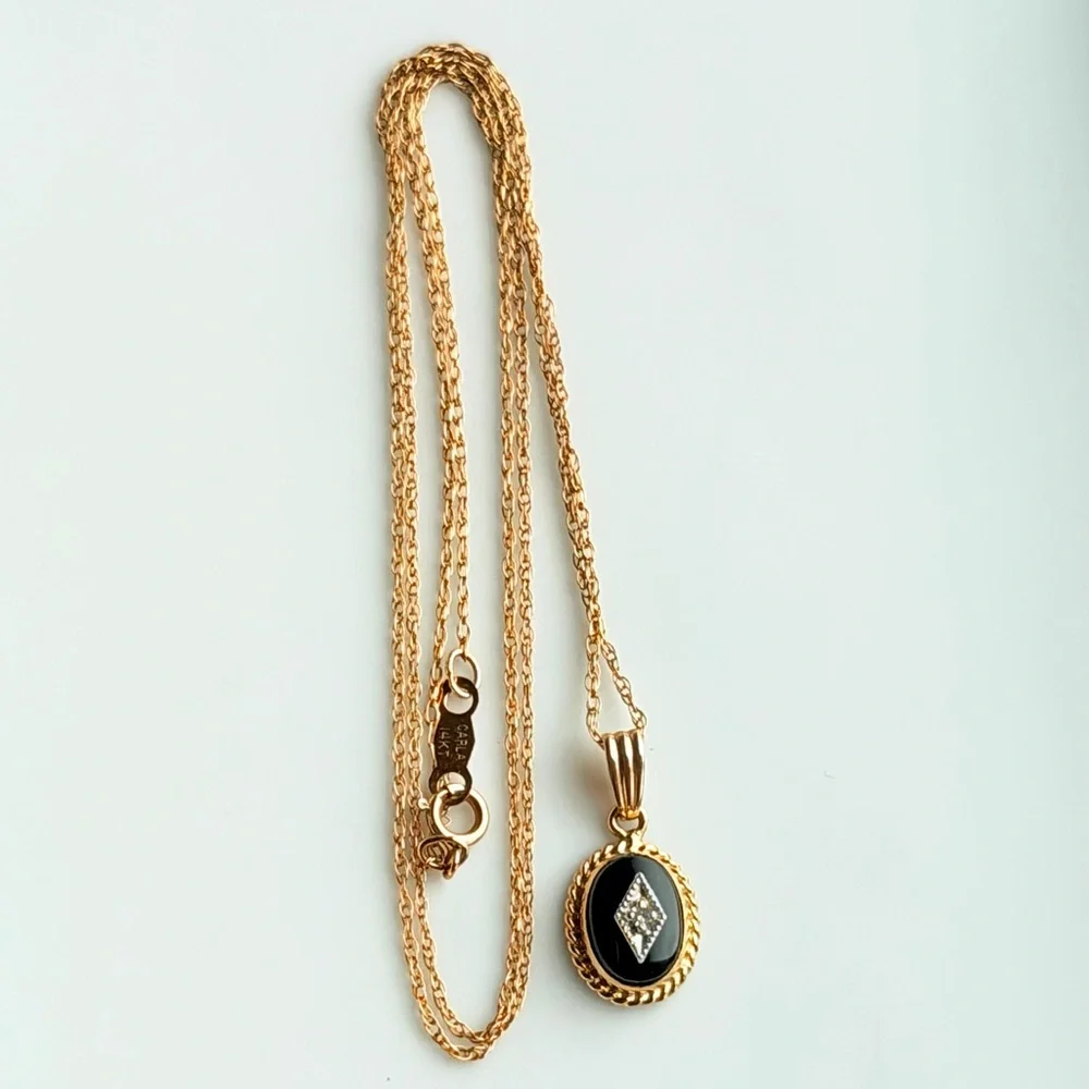 Vintage 14K Solid Gold Black Onyx Diamond Pendant Necklace 18” *Signed Carla* - Picture 2 of 16